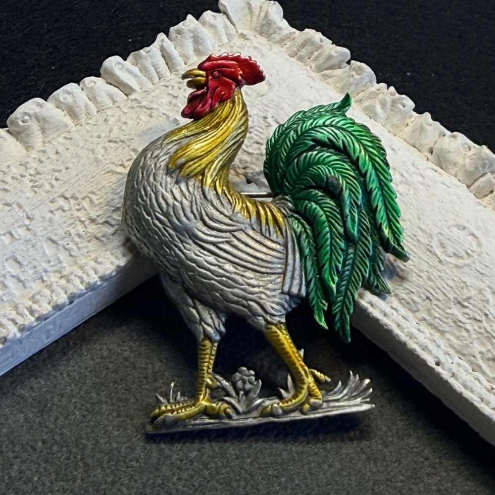 Signed JJ Vintage Rooster Brooch animal pin costume jewelry